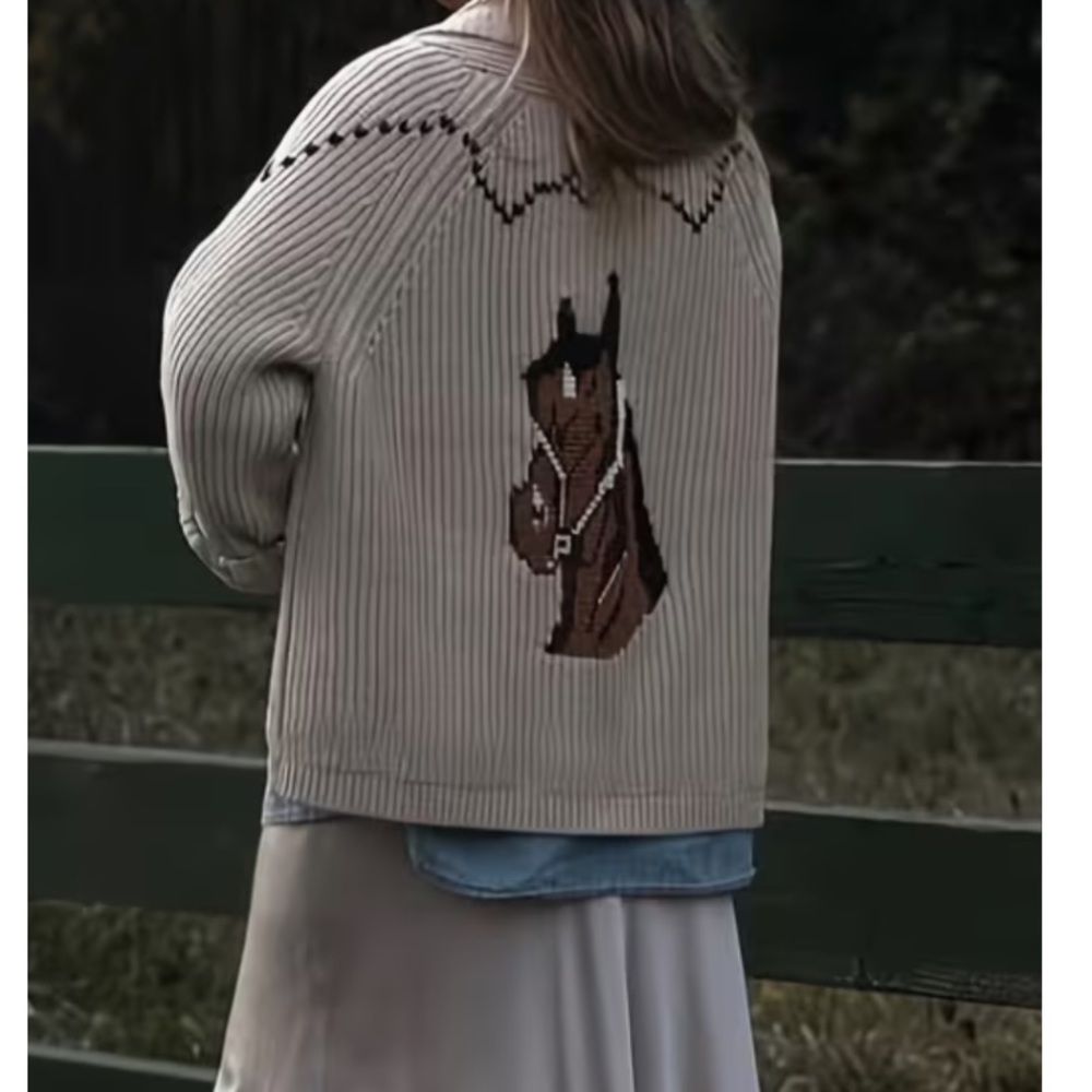 Soon NEW! 10/10 Boho Western Cream Horse-Graphic Rib Knit Sweater Jacket